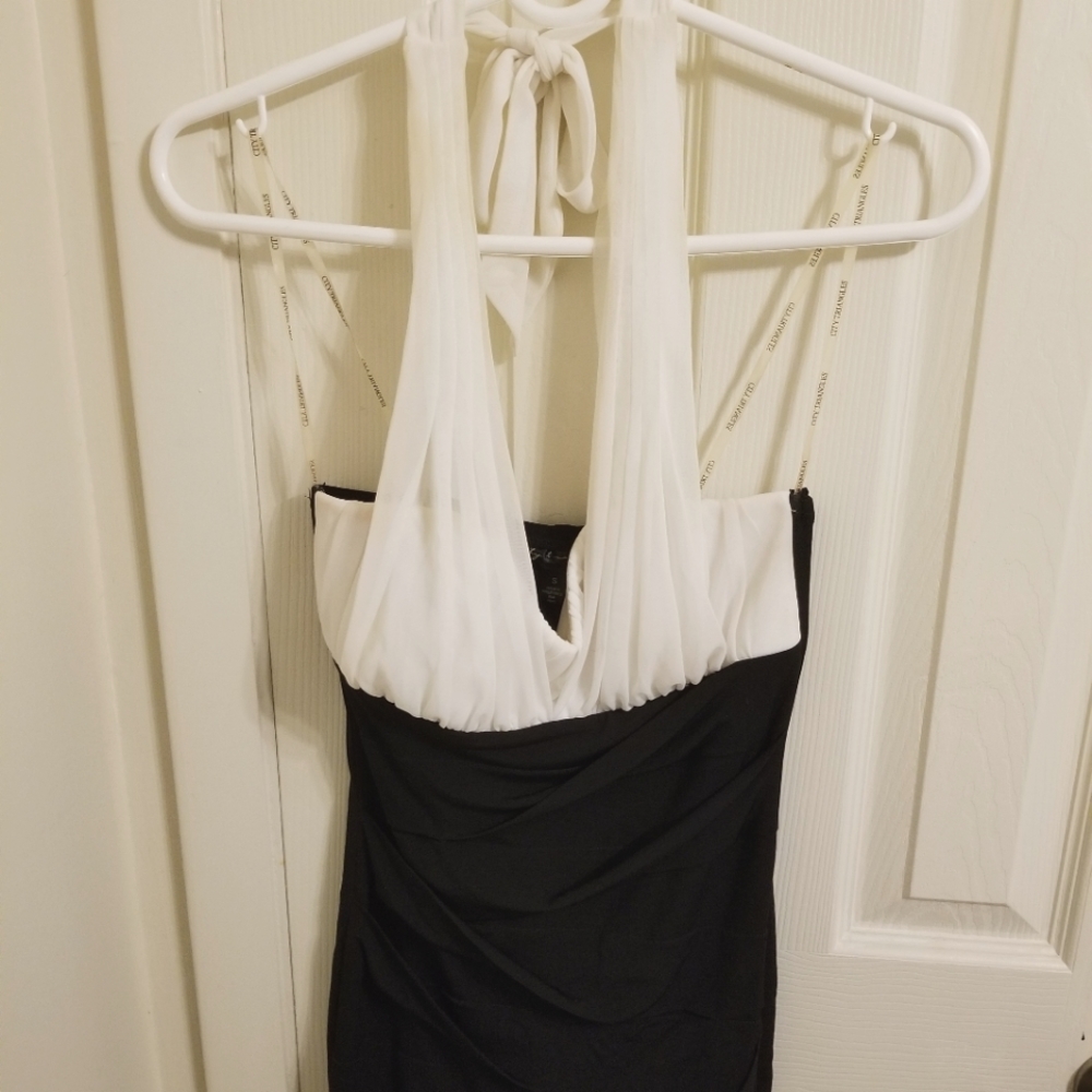 White and black halter cocktail dress